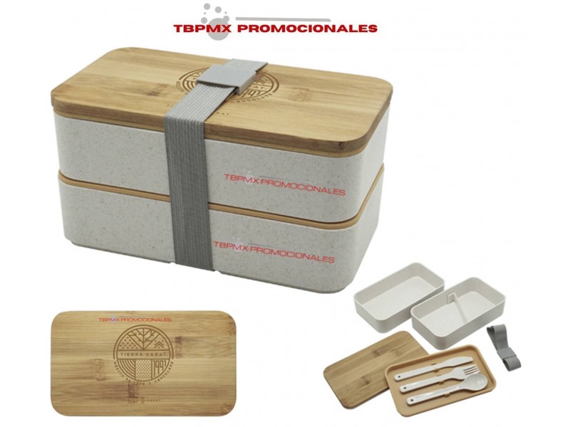 Lonchera box lunck doble fibra de trigo tapa de bambu con cubiertos roble promocional