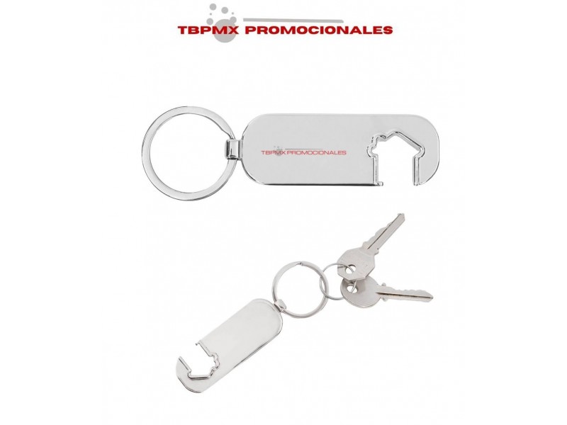 Llavero metalico rectangular forma de casa destapador okanis promocional