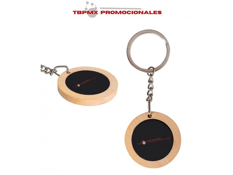 Llavero de bambu circular placa acabado rubber bois promocional