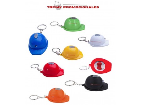 Llavero plastico forma casco con destapador luz led carrie promocional
