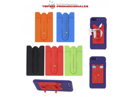 Porta tarjetero de silicon con clip retractil para celular silca promocional
