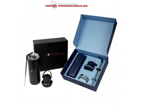 Set de termo acero inoxidable 600 ml doble pared tapas intercambiables popote dacio promocional