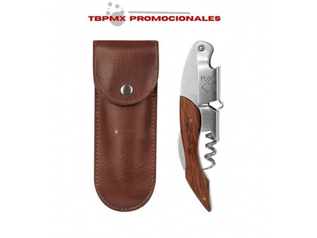 Sacacorchos acero inoxidable mango de madera funda de curpiel lignum promocional