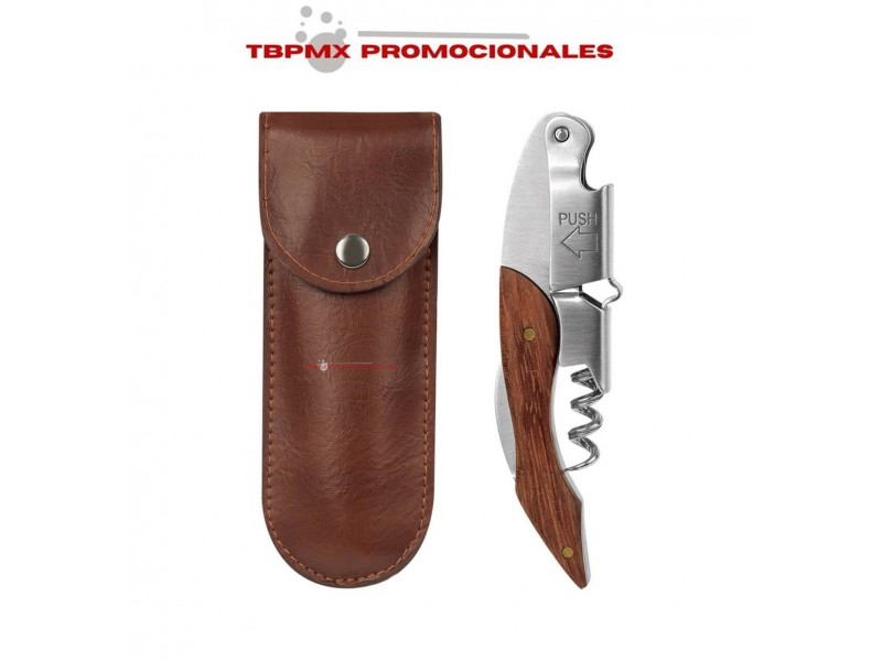 Sacacorchos acero inoxidable mango de madera funda de curpiel lignum promocional