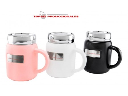 Taza tarro de ceramica 16 oz con placa metalica tapa rosca lima promocional