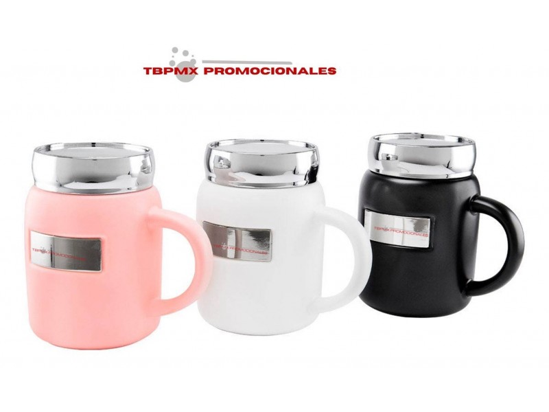 Taza tarro de ceramica 16 oz con placa metalica tapa rosca lima promocional