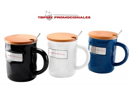 Taza tarro de ceramica 12 oz placa metalica tapa bambu cuchara metalica bambusa promocional