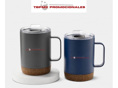 Taza tarro acero inoxidable 340 ml doble pared base corcho pvc tapa plastica valvua seguridad savor promocional