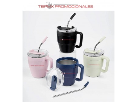 Taza tarro termica acero inoxidable 480 ml doble pared tapa silicon removible con popote metalico magie promocional