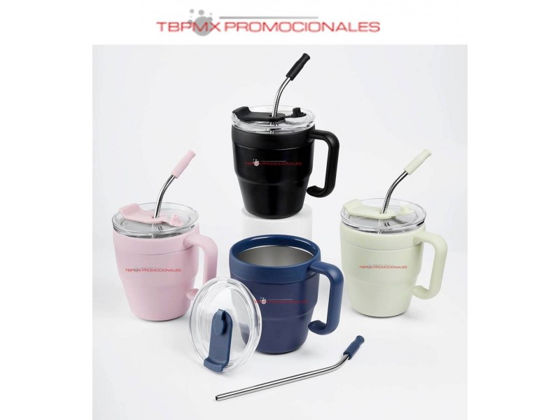 Taza tarro termica acero inoxidable 480 ml doble pared tapa silicon removible con popote metalico magie promocional