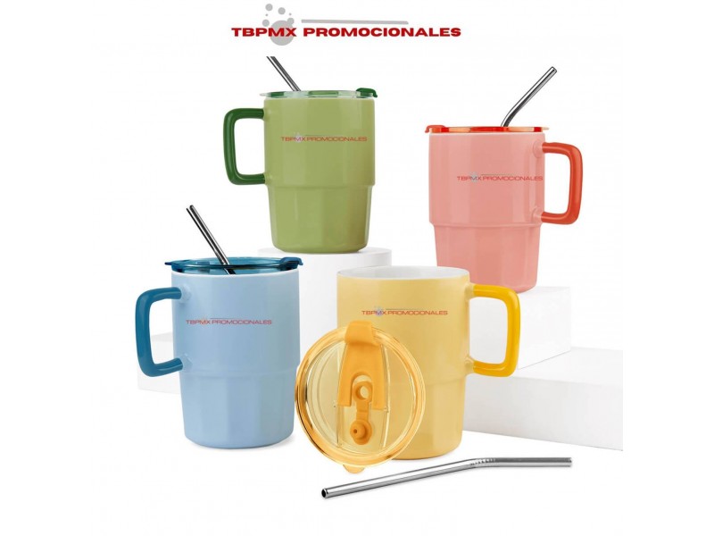 Taza de ceramica 16 oz tapa de plastico popote metalico coraline promocional
