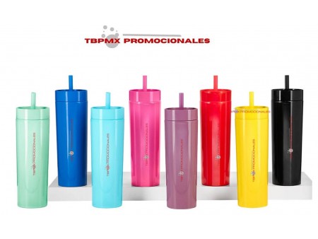 Vaso termo termico plastico 450 ml doble pared con tapa popote meredi promocional