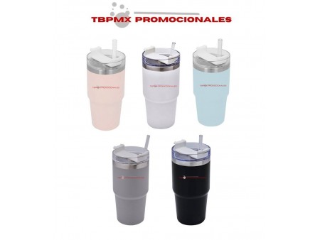 Vaso termo termico acero inoxidable 590 ml doble pared con popote tapa plastica calvi promocional