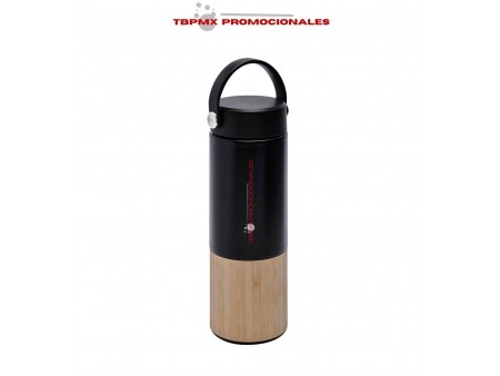 Termo acero inoxidable 400 ml doble pared base bambu asa silicon tapa plastico bambus promocional