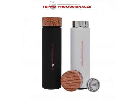 Termo acero inoxidable 480 ml doble pared acabado rubber tapa plastico simulacion madera filtro juneau promocional