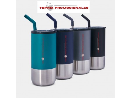 Vaso termo termico acero inoxidable 480 ml doble pared interior plastico tapa plastica popote metalico snorkel promocional