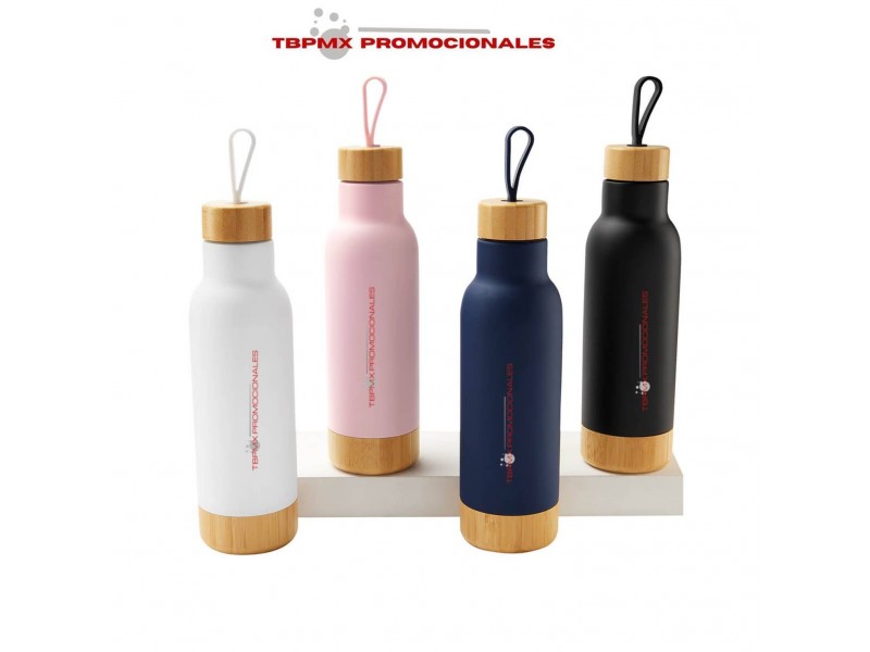 Termo acero inoxidable 630 ml doble pared tapa de bambu asa silicon base de bambu bai promocional