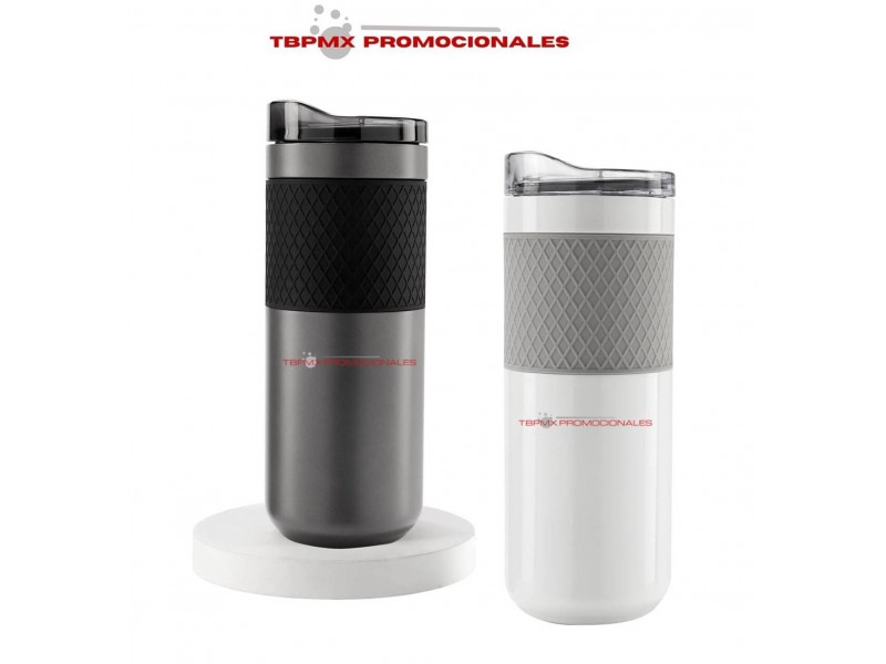 Termo acero inoxidable 500 ml doble pared tapa palstico banda silicon antiderrapante mocha promocional