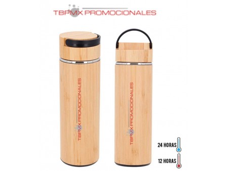 Termo acero inoxidable 450 ml doble pared bambu rejilla metalica asa cider promocional