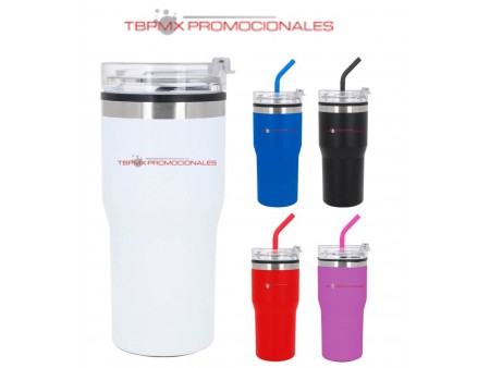 Vaso termico acero inoxidable 450 ml doble pared rugoso tapa boquilla popote western promocional
