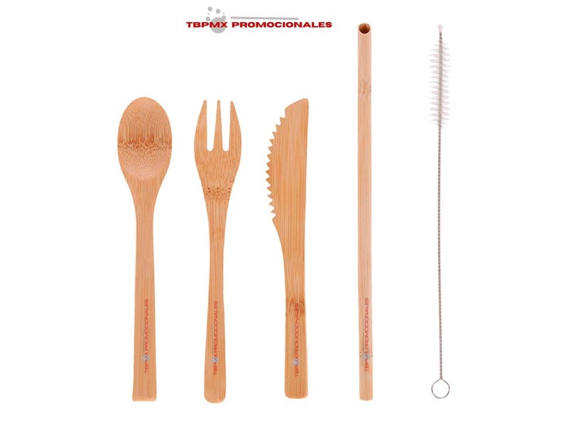 Set de cubiertos  ecologicos de bambu con bolsa deja vu promocional