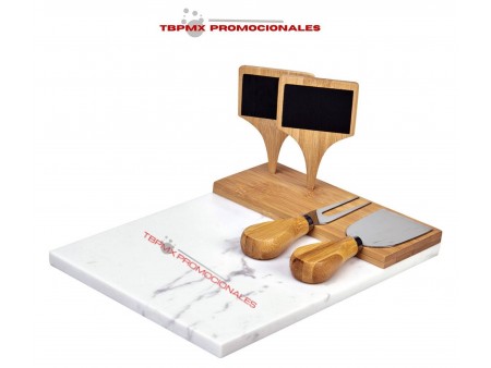 Set para quesos tabla marmol con bambu accesorios daeli promocional