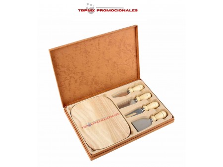 Set para quesos con tabla de madera y accesorios estuche asturias promocional