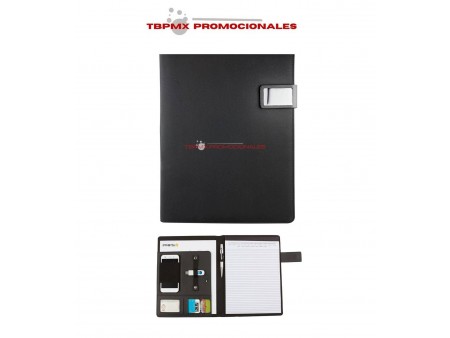 Carpeta poliester con block de raya compartimento para smartphone broche magnetico miram promocional