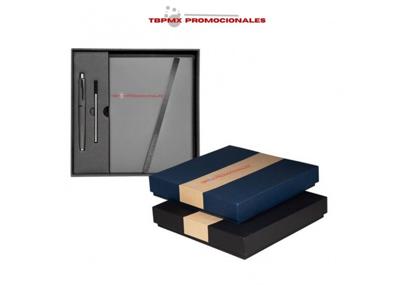 Set libreta curpiel 80 hojas rayadas solapa magnetica boligrafo metalico caja regalo jinsei promocional