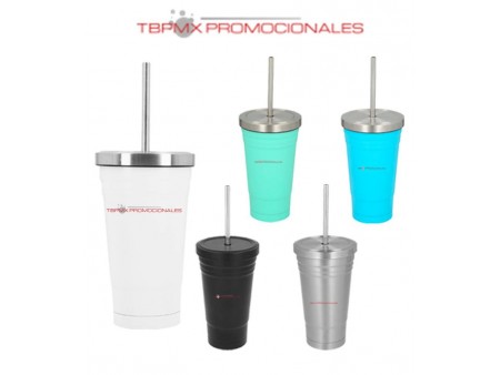 Vaso termico acero inoxidable 500 ml doble pared tapa popote latte promocional