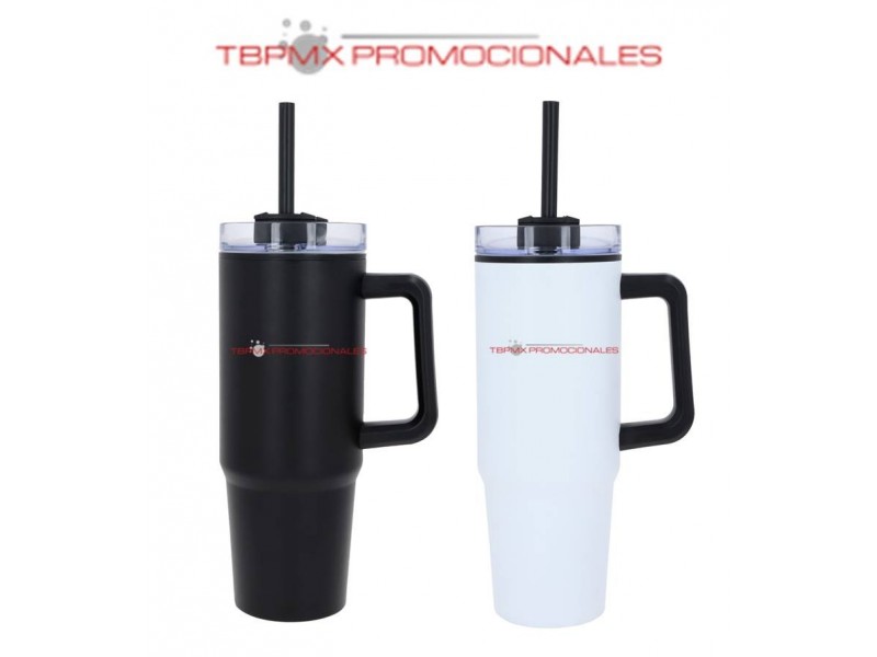 Termo acero inoxidable 900 ml doble pared rugoso tapa popote asa tam promocional