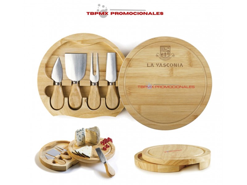 Set para quesos carnes frias bambu  redondo con accesorios caoba promocional