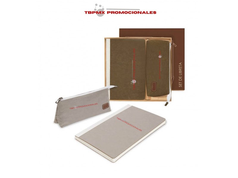 Set ecologico libreta 80 hojas rayadas  con estuche porta lapices parche curpiel vaviri promocional