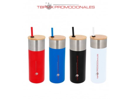 Termo acero inoxidable 600 ml doble pared tapa bambu popote qena promocional