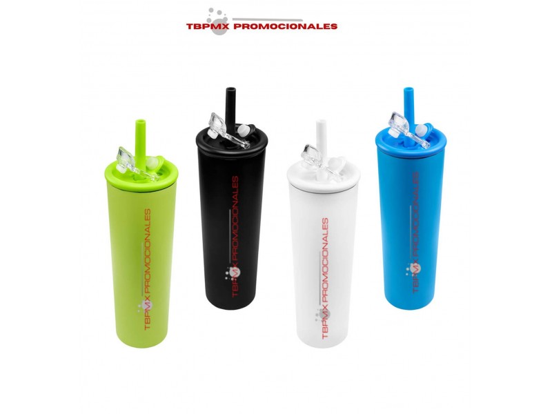 Termo acero inoxidable 750 ml doble pared tapa plastico boquilla popote silicon aelo promocional