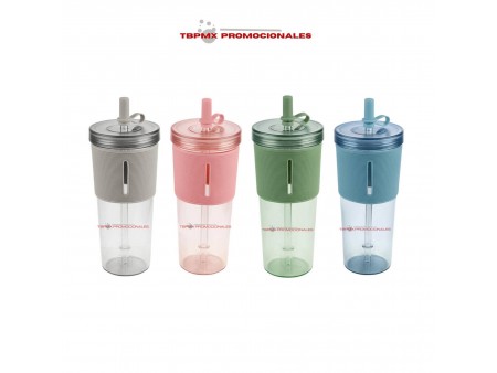 Vaso plastico 600 ml tapa popote con tapon silicon manga johor promocional