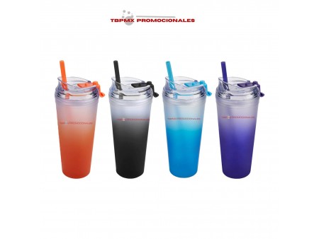 Vaso plastico 600 ml doble pared tapa popote terminado rubber degradado iced promocional