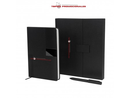 Set de libreta curpiel con placa metalicacon boligrafo dickens promocional
