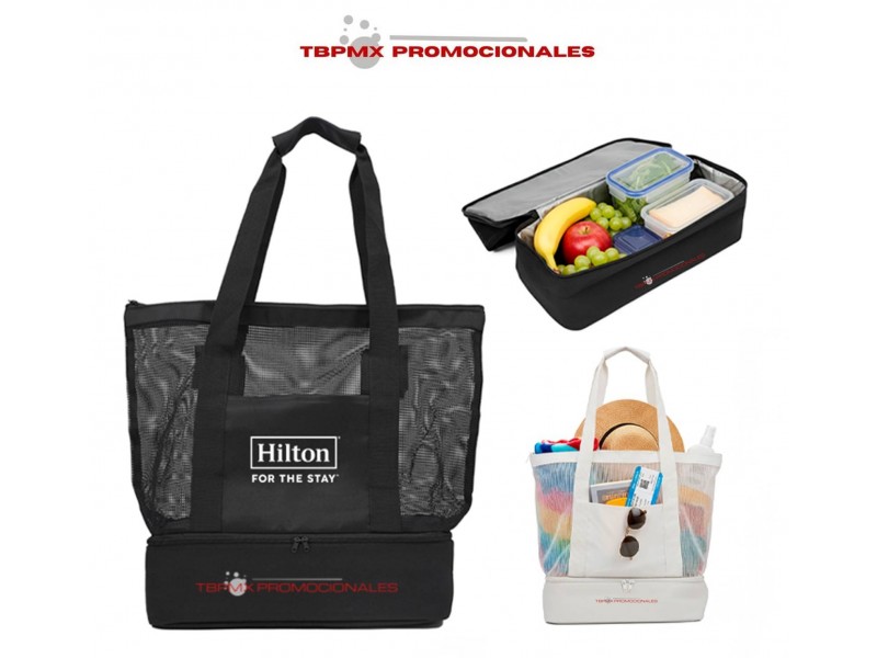 Bolsa poliester de malla con lonchera de peva doble cierre playacar promocional