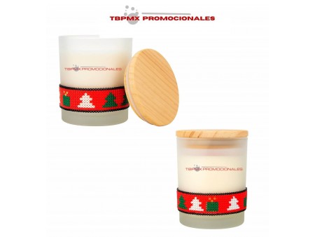 Vela con olor lavanda acabado frost navidad tapa de madera huichol tuka promocional
