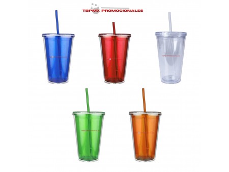Vaso plastico 500 ml doble pared tapa popote embassy promocional