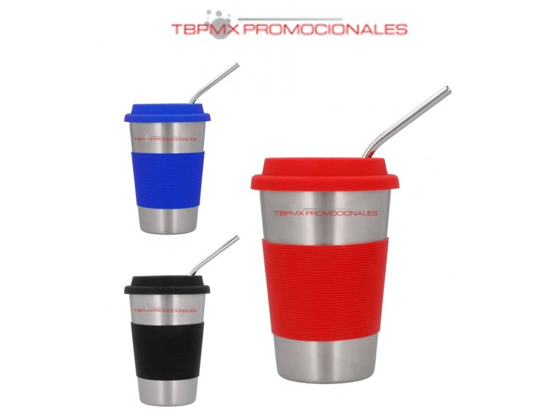 Vaso termico acero inoxidable 500 ml tapa cintillo silicon popote frappe promocional