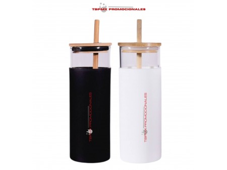 Vaso termo termico vidrio 500 ml protector silicon tapa bambu popote promocional
