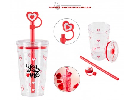 Vaso plastico 450 ml corazones tapa popote valentine promocional