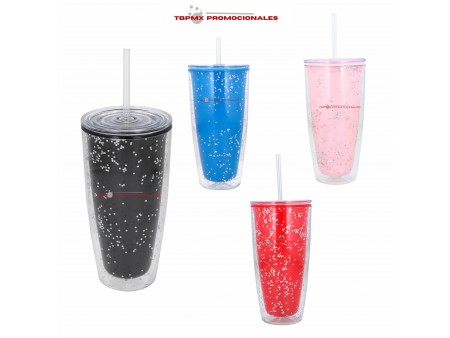 Vaso termico plastico 750 ml doble pared con brillantina tapa popote kieler promocional