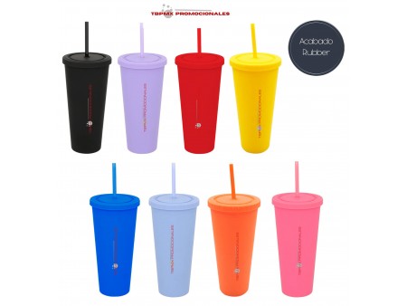 Vaso termico plastico 600 ml doble pared acabado rubber tapa popote solei promocional