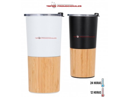 Vaso termico acero inoxidable 600 ml doble pared bambu tapa take promocional