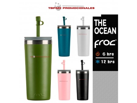 Vaso termico acero inoxidable 680 ml doble pared tapa popote silicón the ocean froc promocional