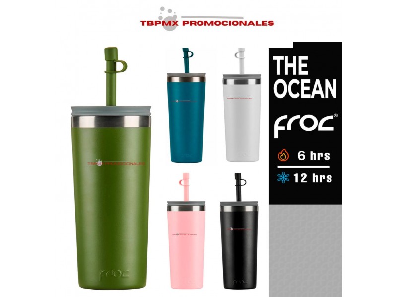 Vaso termico acero inoxidable 680 ml doble pared tapa popote silicón the ocean froc promocional