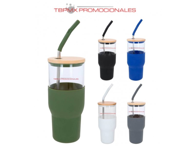 Vaso de vidrio 850 ml funda silicon tapa bambu popote devan promocional